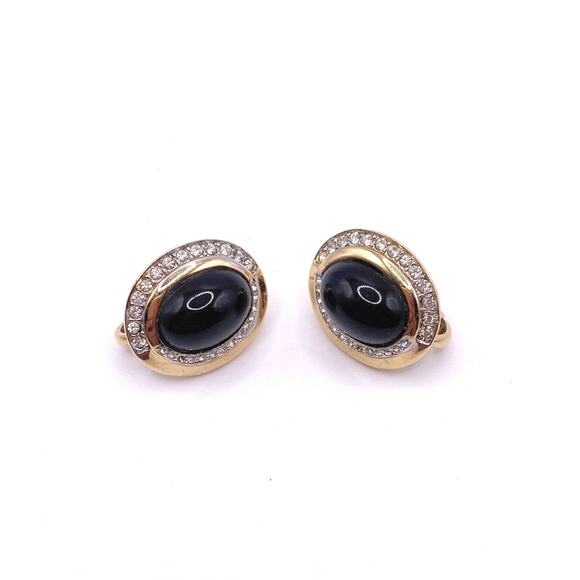 Nina Ricci Signed Gold Tone and Black Retro Suds Earrings with Rhinestones - Picture 1 of 6